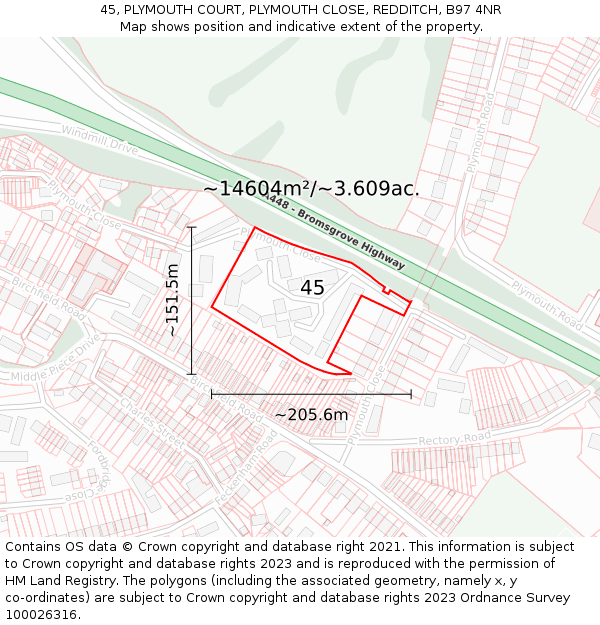 45, PLYMOUTH COURT, PLYMOUTH CLOSE, REDDITCH, B97 4NR: Plot and title map