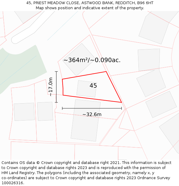 45, PRIEST MEADOW CLOSE, ASTWOOD BANK, REDDITCH, B96 6HT: Plot and title map