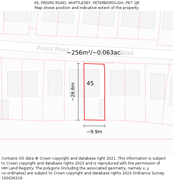 45, PRIORS ROAD, WHITTLESEY, PETERBOROUGH, PE7 1JR: Plot and title map