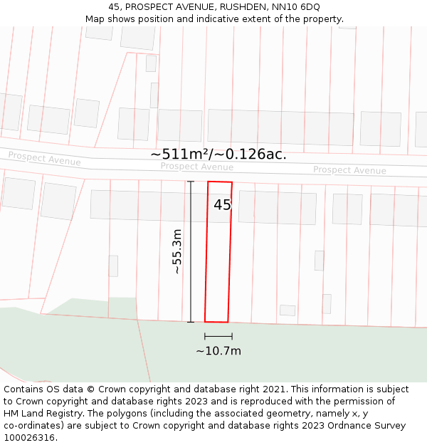 45, PROSPECT AVENUE, RUSHDEN, NN10 6DQ: Plot and title map