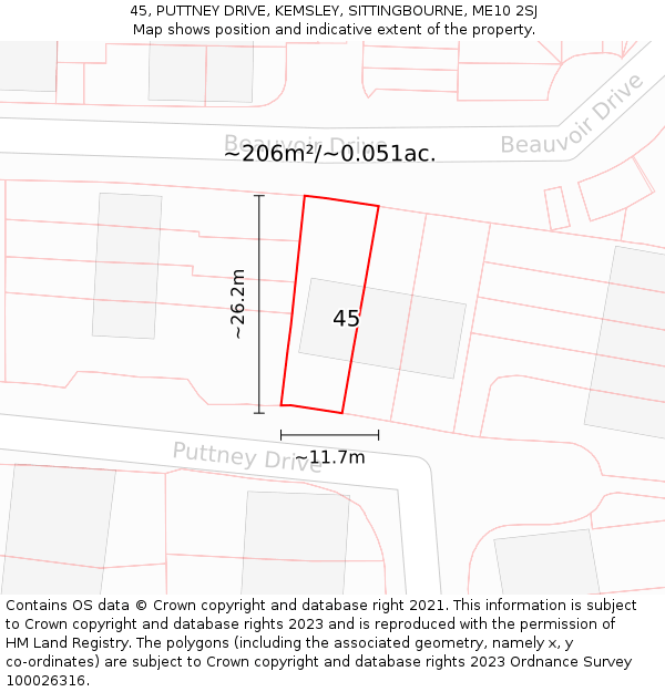 45, PUTTNEY DRIVE, KEMSLEY, SITTINGBOURNE, ME10 2SJ: Plot and title map