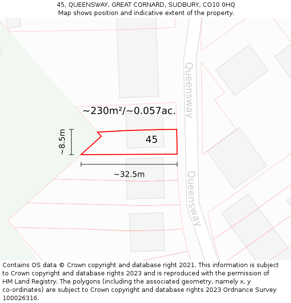 45, QUEENSWAY, GREAT CORNARD, SUDBURY, CO10 0HQ: Plot and title map