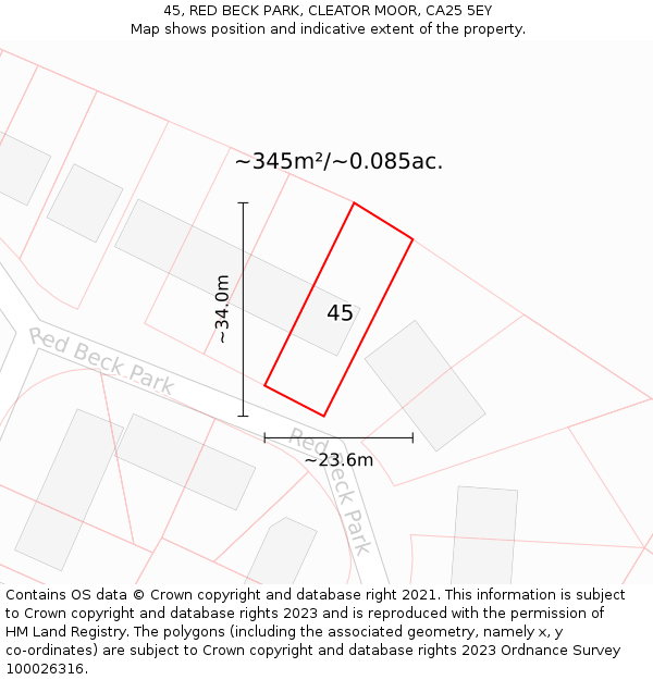 45, RED BECK PARK, CLEATOR MOOR, CA25 5EY: Plot and title map