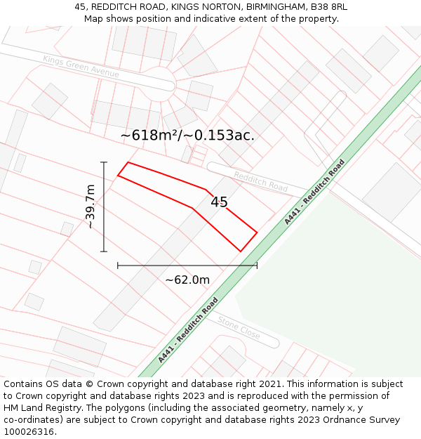 45, REDDITCH ROAD, KINGS NORTON, BIRMINGHAM, B38 8RL: Plot and title map