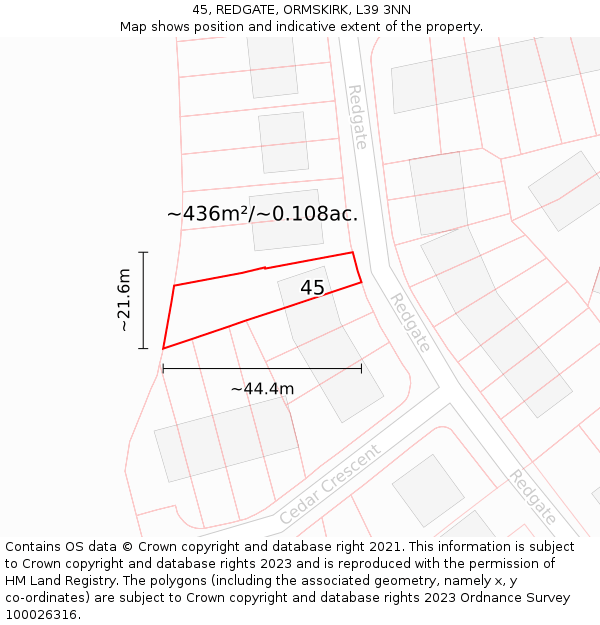 45, REDGATE, ORMSKIRK, L39 3NN: Plot and title map