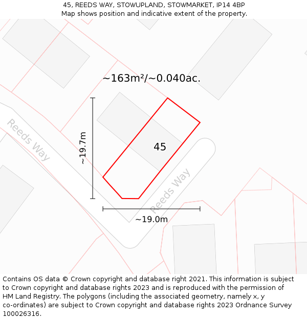 45, REEDS WAY, STOWUPLAND, STOWMARKET, IP14 4BP: Plot and title map