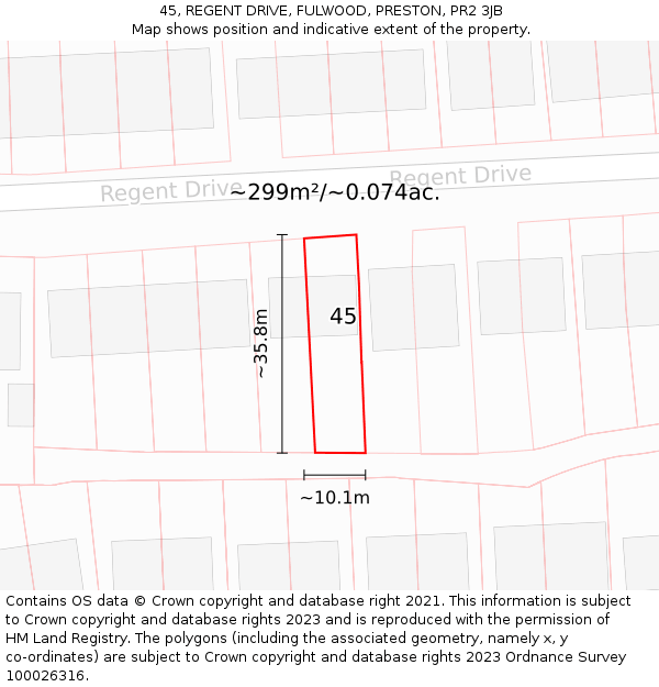 45, REGENT DRIVE, FULWOOD, PRESTON, PR2 3JB: Plot and title map