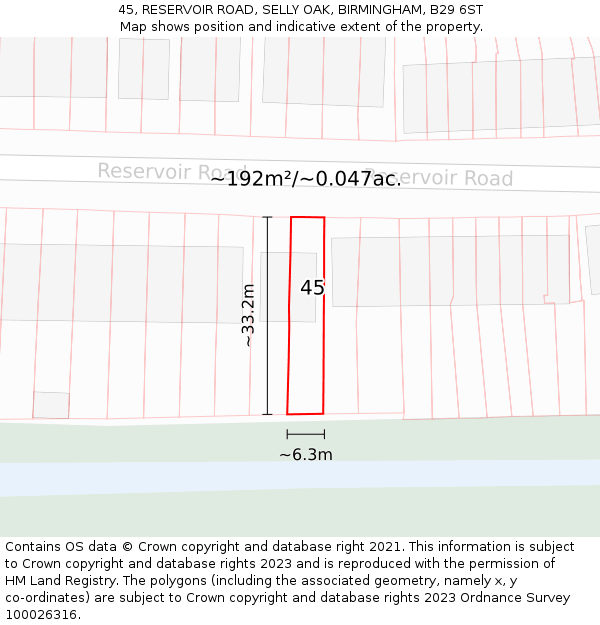 45, RESERVOIR ROAD, SELLY OAK, BIRMINGHAM, B29 6ST: Plot and title map