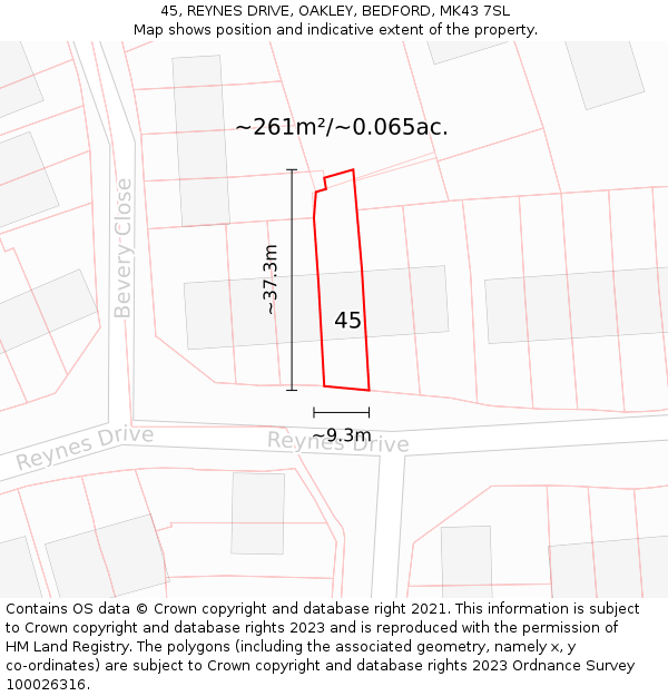 45, REYNES DRIVE, OAKLEY, BEDFORD, MK43 7SL: Plot and title map