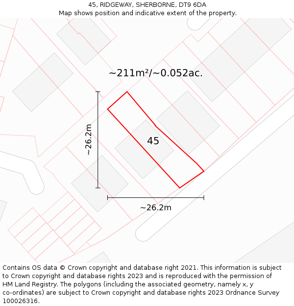 45, RIDGEWAY, SHERBORNE, DT9 6DA: Plot and title map