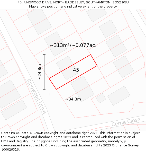 45, RINGWOOD DRIVE, NORTH BADDESLEY, SOUTHAMPTON, SO52 9GU: Plot and title map