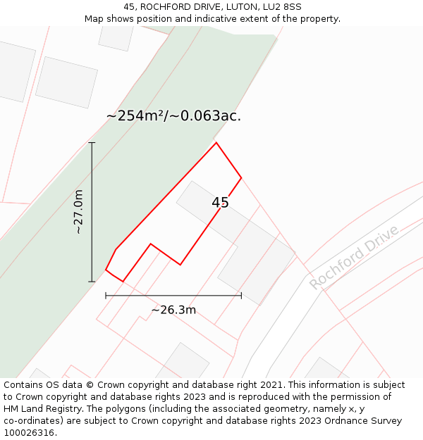 45, ROCHFORD DRIVE, LUTON, LU2 8SS: Plot and title map