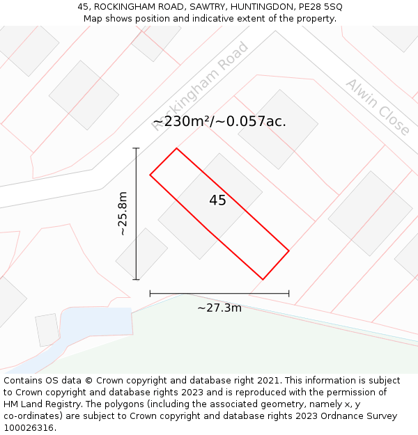 45, ROCKINGHAM ROAD, SAWTRY, HUNTINGDON, PE28 5SQ: Plot and title map