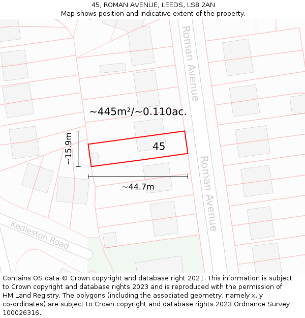 45, ROMAN AVENUE, LEEDS, LS8 2AN: Plot and title map