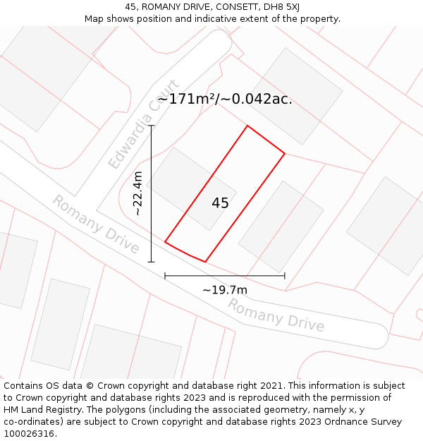 45, ROMANY DRIVE, CONSETT, DH8 5XJ: Plot and title map