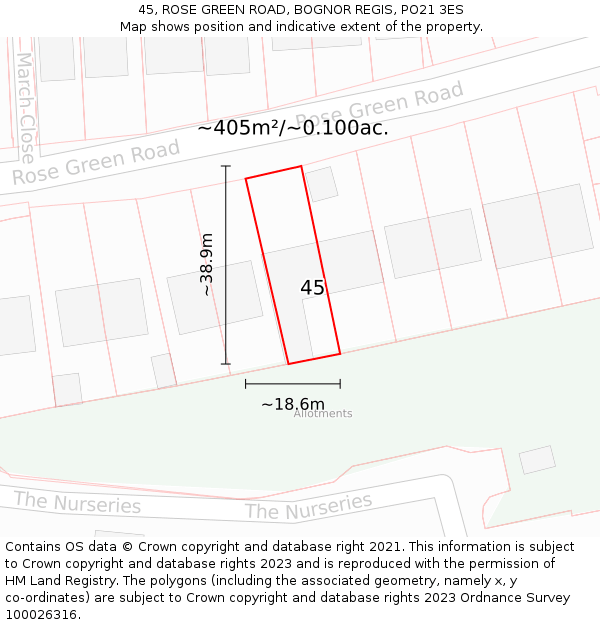 45, ROSE GREEN ROAD, BOGNOR REGIS, PO21 3ES: Plot and title map