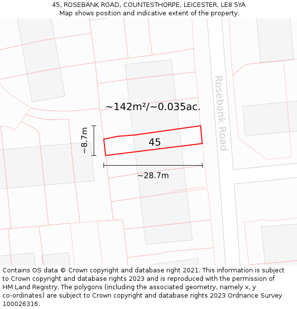 45, ROSEBANK ROAD, COUNTESTHORPE, LEICESTER, LE8 5YA: Plot and title map