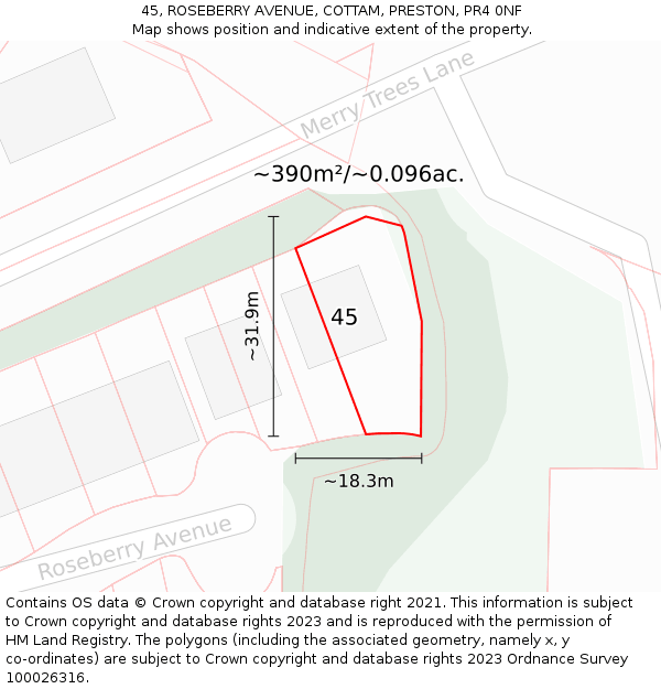 45, ROSEBERRY AVENUE, COTTAM, PRESTON, PR4 0NF: Plot and title map