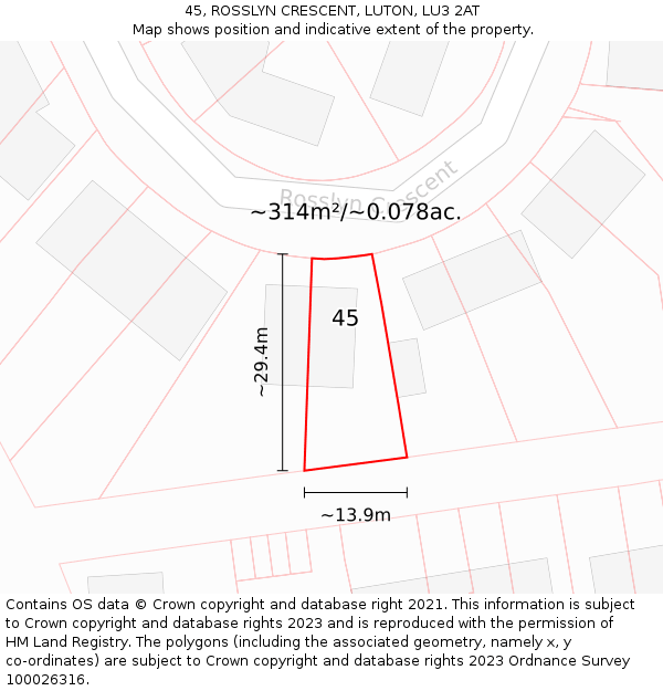 45, ROSSLYN CRESCENT, LUTON, LU3 2AT: Plot and title map