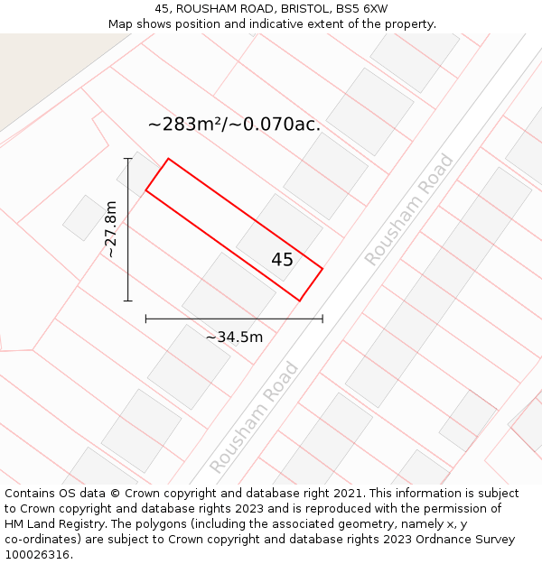 45, ROUSHAM ROAD, BRISTOL, BS5 6XW: Plot and title map