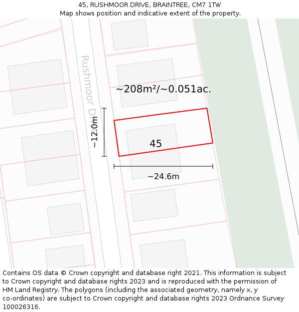 45, RUSHMOOR DRIVE, BRAINTREE, CM7 1TW: Plot and title map