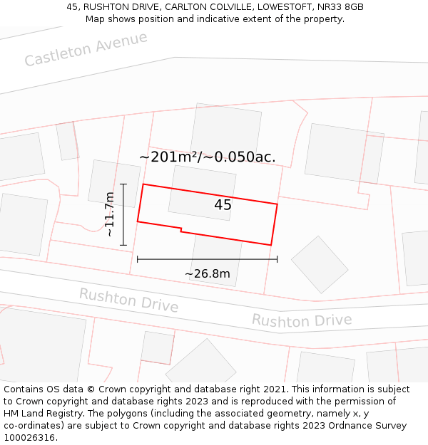 45, RUSHTON DRIVE, CARLTON COLVILLE, LOWESTOFT, NR33 8GB: Plot and title map