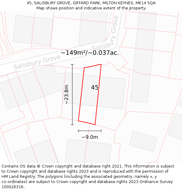 45, SALISBURY GROVE, GIFFARD PARK, MILTON KEYNES, MK14 5QA: Plot and title map