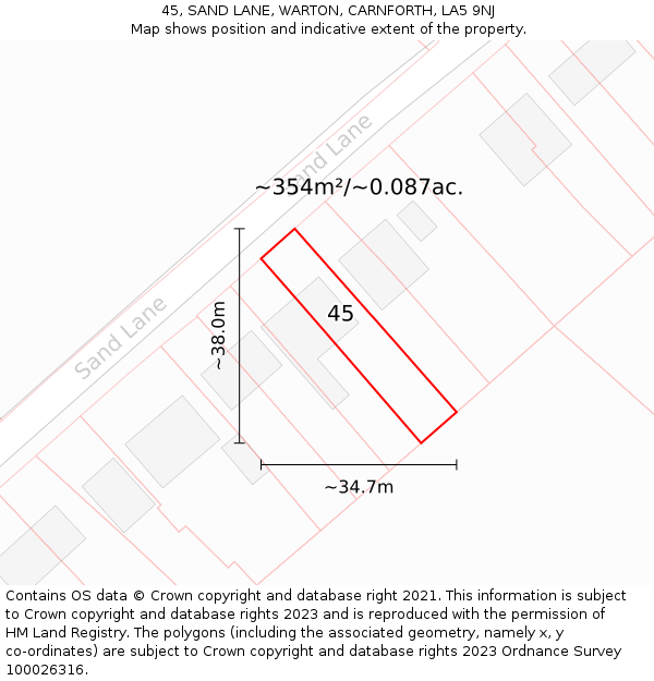 45, SAND LANE, WARTON, CARNFORTH, LA5 9NJ: Plot and title map