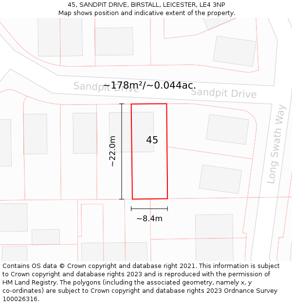 45, SANDPIT DRIVE, BIRSTALL, LEICESTER, LE4 3NP: Plot and title map