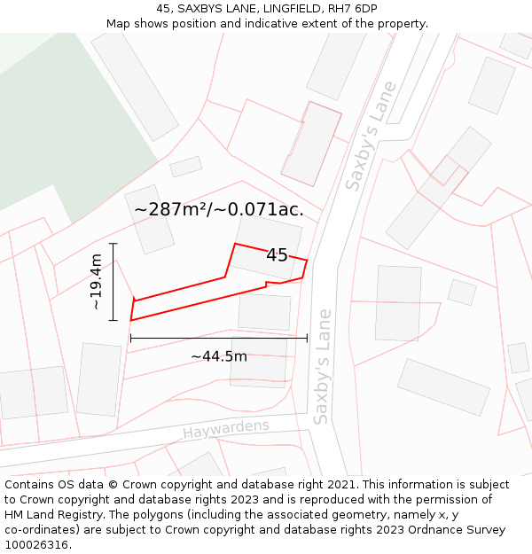 45, SAXBYS LANE, LINGFIELD, RH7 6DP: Plot and title map