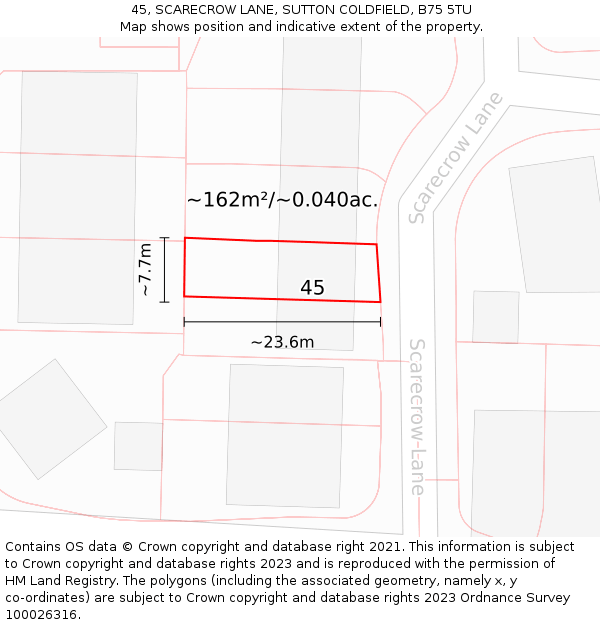 45, SCARECROW LANE, SUTTON COLDFIELD, B75 5TU: Plot and title map