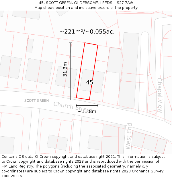 45, SCOTT GREEN, GILDERSOME, LEEDS, LS27 7AW: Plot and title map