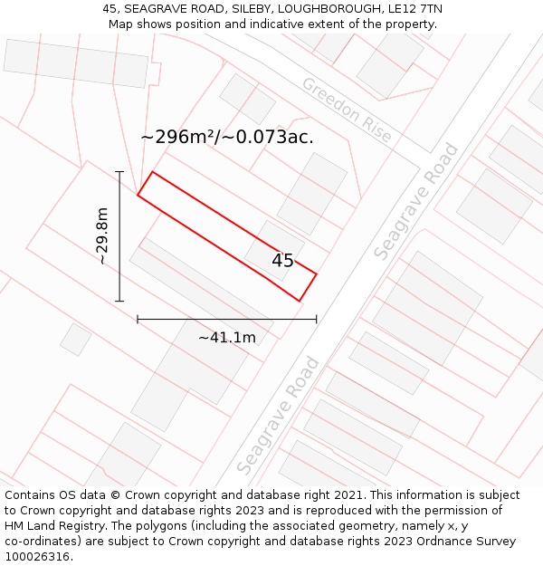 45, SEAGRAVE ROAD, SILEBY, LOUGHBOROUGH, LE12 7TN: Plot and title map