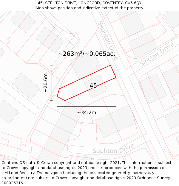 45, SEPHTON DRIVE, LONGFORD, COVENTRY, CV6 6QY: Plot and title map