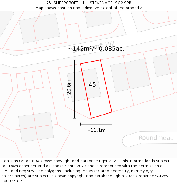 45, SHEEPCROFT HILL, STEVENAGE, SG2 9PR: Plot and title map