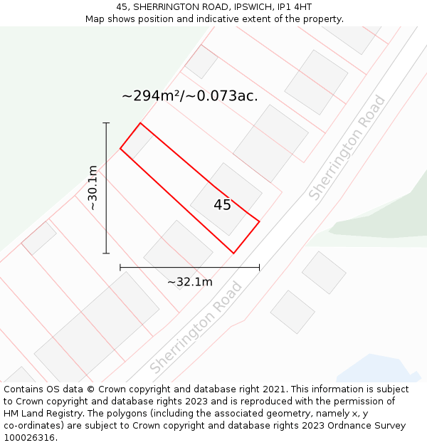 45, SHERRINGTON ROAD, IPSWICH, IP1 4HT: Plot and title map