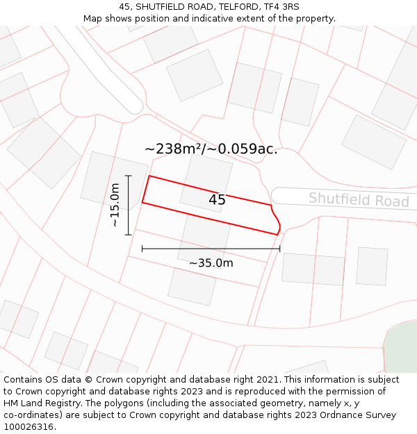 45, SHUTFIELD ROAD, TELFORD, TF4 3RS: Plot and title map