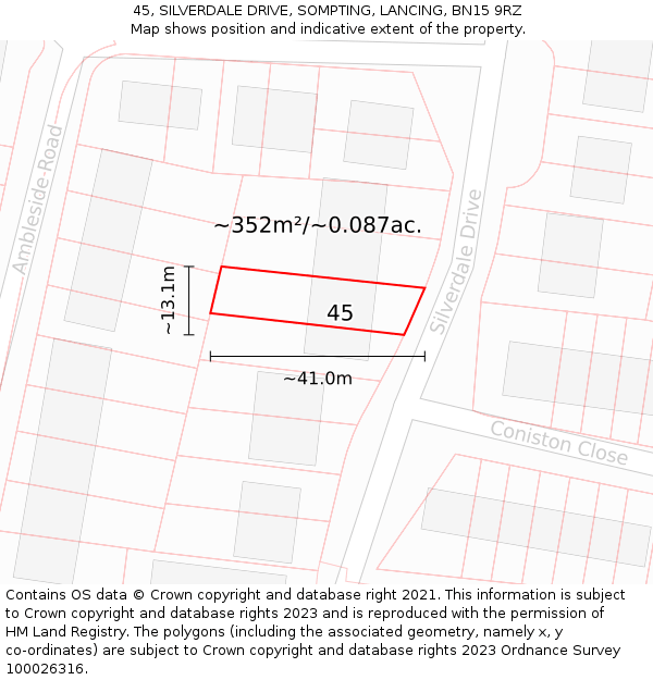 45, SILVERDALE DRIVE, SOMPTING, LANCING, BN15 9RZ: Plot and title map