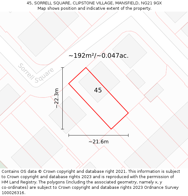 45, SORRELL SQUARE, CLIPSTONE VILLAGE, MANSFIELD, NG21 9GX: Plot and title map
