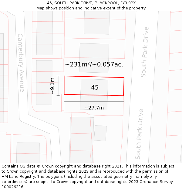 45, SOUTH PARK DRIVE, BLACKPOOL, FY3 9PX: Plot and title map