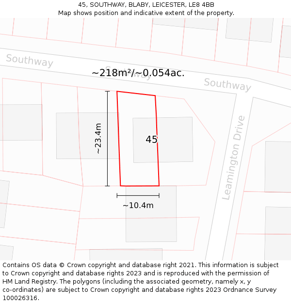 45, SOUTHWAY, BLABY, LEICESTER, LE8 4BB: Plot and title map