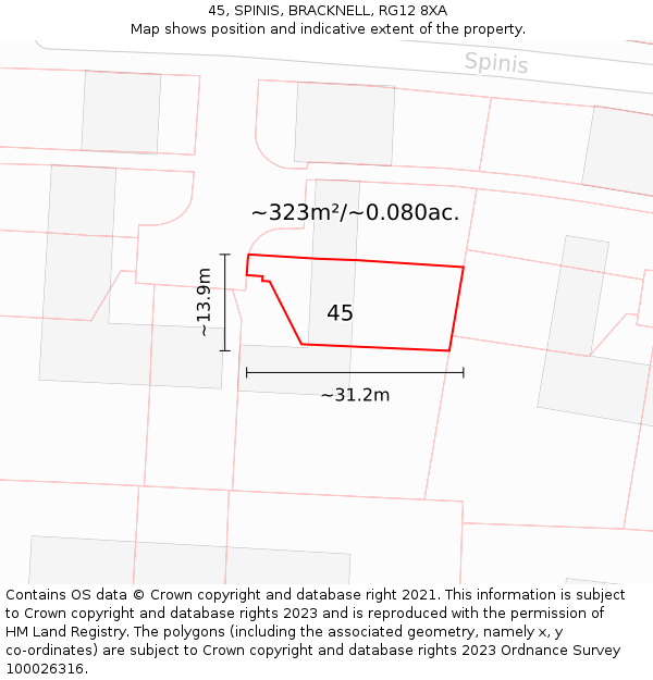 45, SPINIS, BRACKNELL, RG12 8XA: Plot and title map