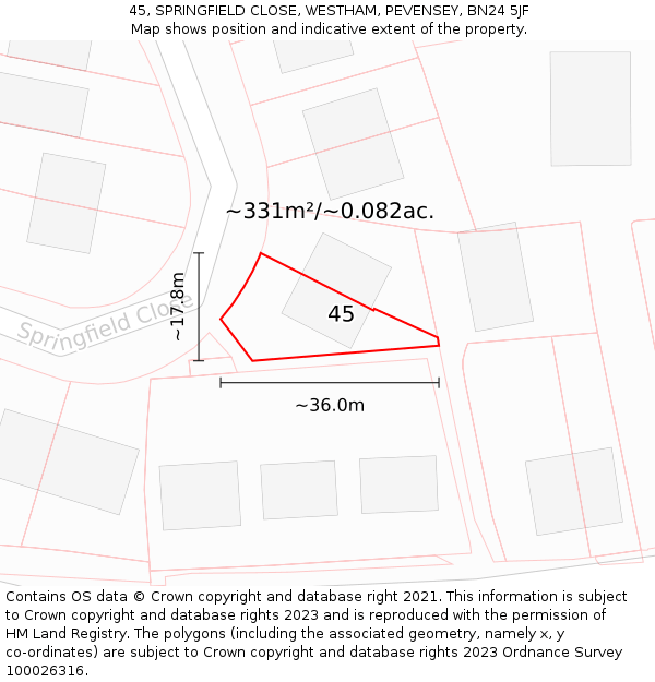 45, SPRINGFIELD CLOSE, WESTHAM, PEVENSEY, BN24 5JF: Plot and title map