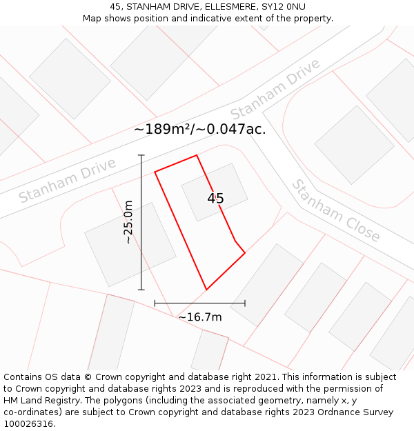 45, STANHAM DRIVE, ELLESMERE, SY12 0NU: Plot and title map