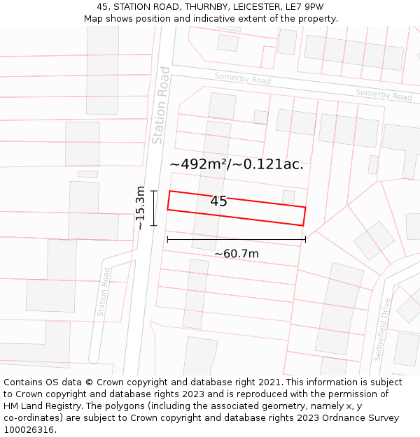 45, STATION ROAD, THURNBY, LEICESTER, LE7 9PW: Plot and title map