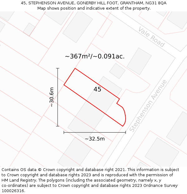 45, STEPHENSON AVENUE, GONERBY HILL FOOT, GRANTHAM, NG31 8QA: Plot and title map