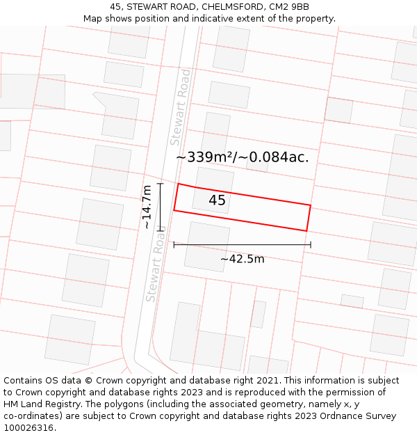 45, STEWART ROAD, CHELMSFORD, CM2 9BB: Plot and title map