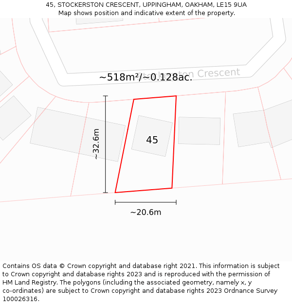 45, STOCKERSTON CRESCENT, UPPINGHAM, OAKHAM, LE15 9UA: Plot and title map