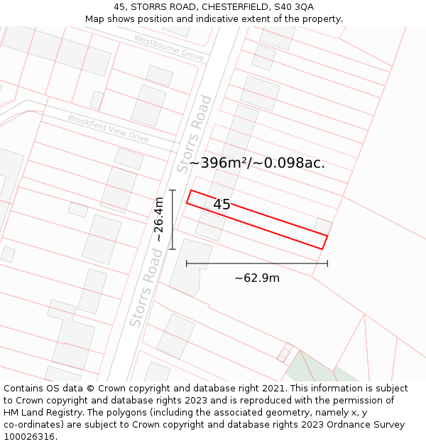 45, STORRS ROAD, CHESTERFIELD, S40 3QA: Plot and title map