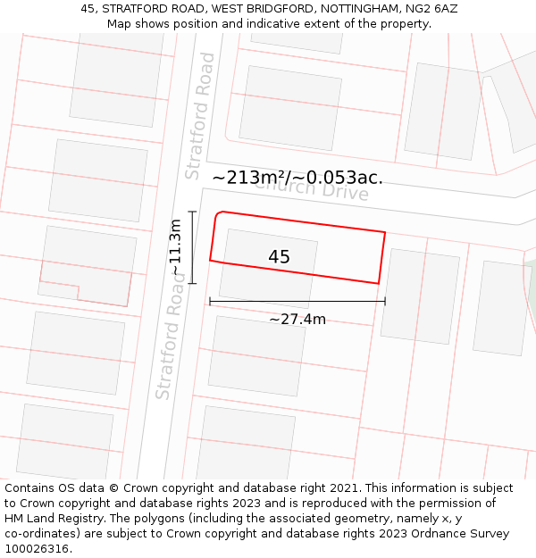 45, STRATFORD ROAD, WEST BRIDGFORD, NOTTINGHAM, NG2 6AZ: Plot and title map